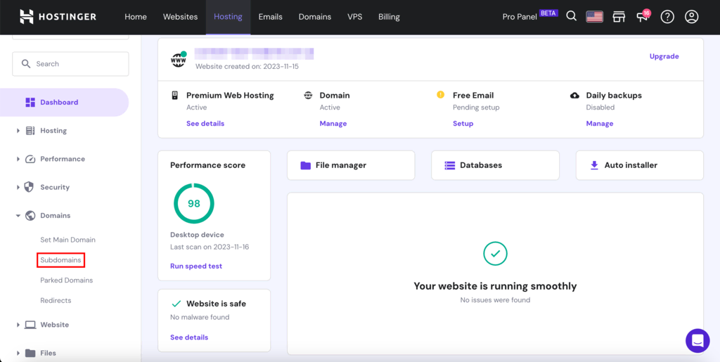 Sekcja zarządzania stroną Hostinger hPanel
