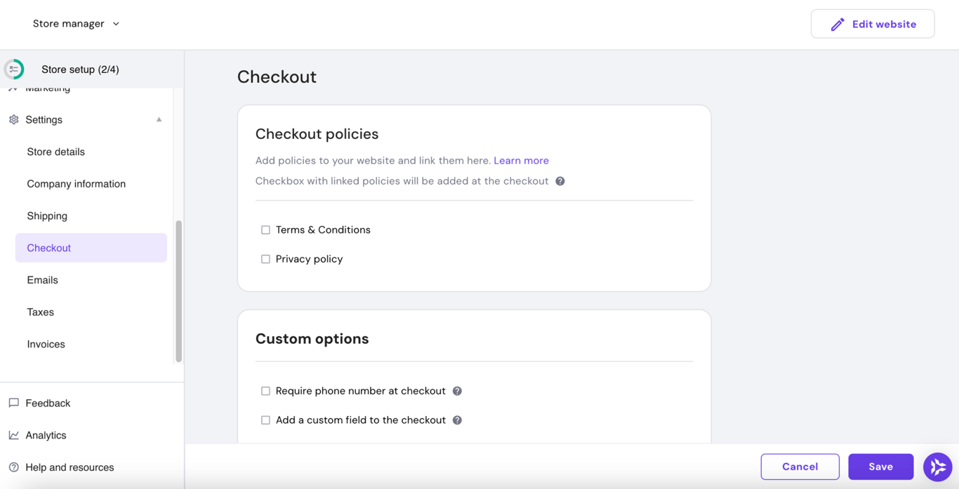Strona ustawień kasy w ustawieniach sklepu menedżera sklepu Hostinger Website Builder