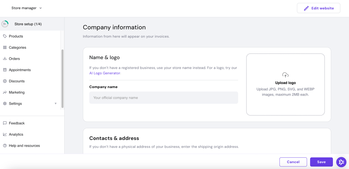 Strona z informacjami o firmie w ustawieniach sklepu internetowego kreatora stron Hostinger