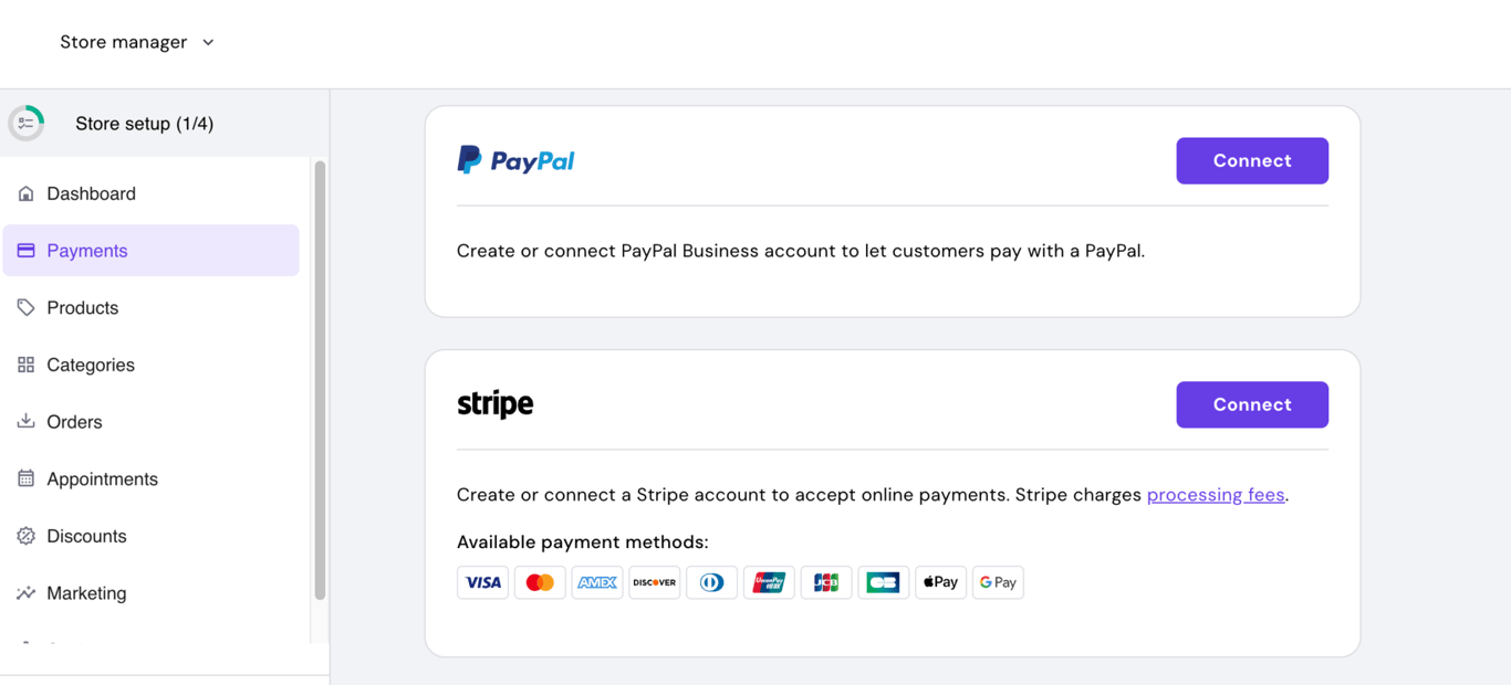 Strona zarządzania płatnościami w sklepie internetowym Hostinger Website Builder
