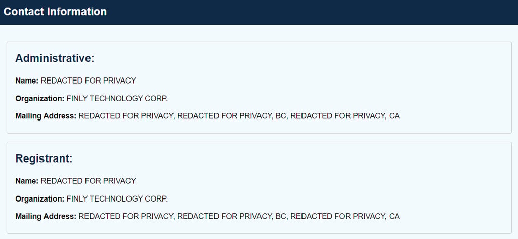 Sekcja Informacje kontaktowe w ICANN Lookup
