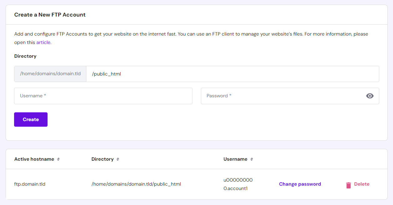 Tworzenie nowego konta FTP w hPanel