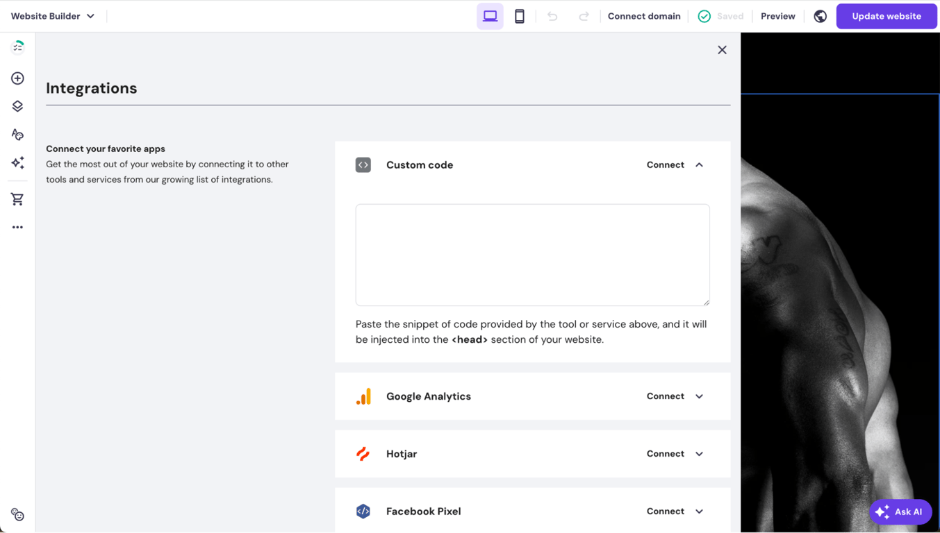 Ustawienia integracji w kreatorze stron Hostinger