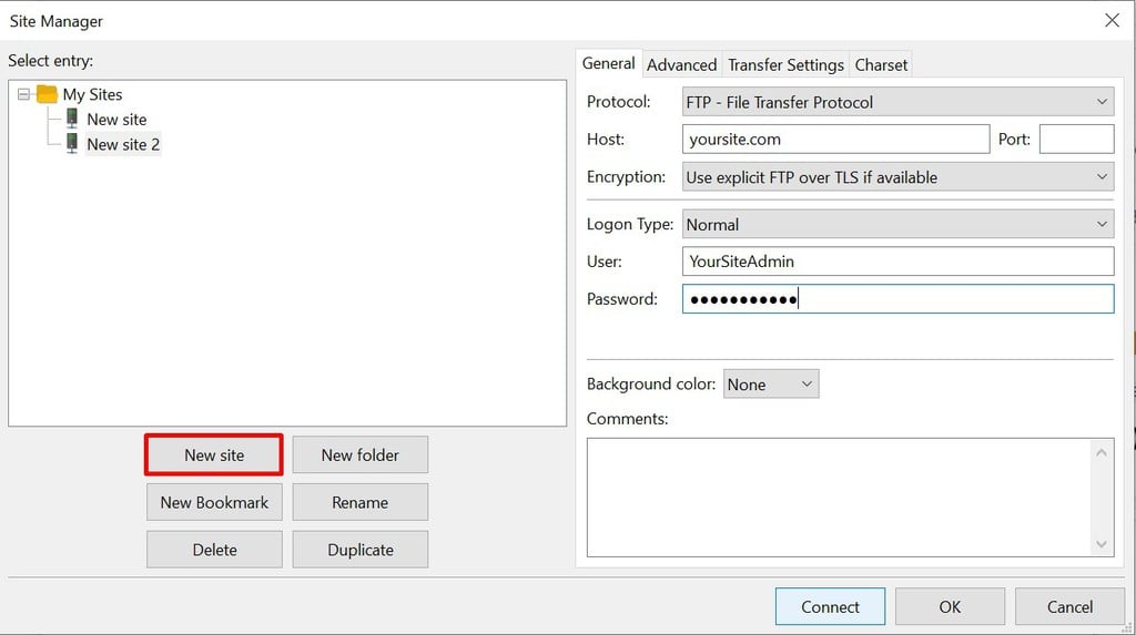 Podłącz nową witrynę do FileZilla
