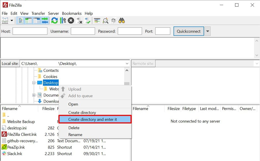 Utwórz katalog i wprowadź go w FileZilla