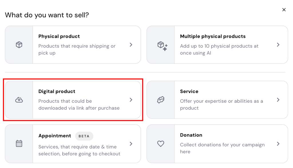 Strona dodawania produktów Hostinger eCommerce wyróżniająca opcję produktu cyfrowego