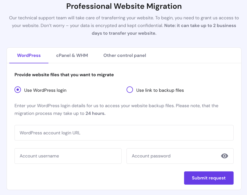 Strona migracji w hPanel