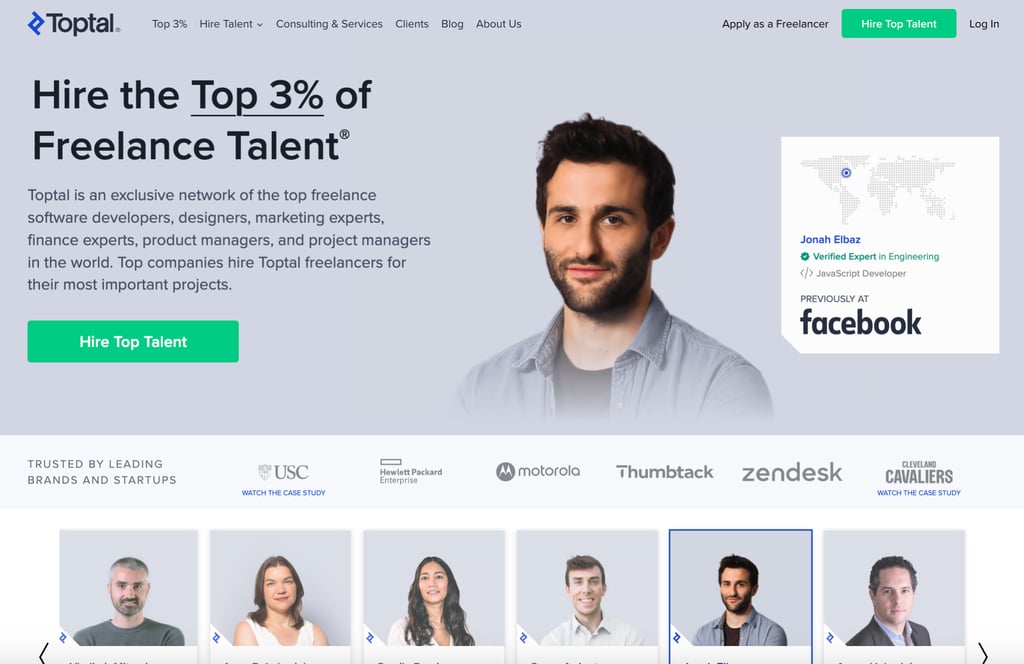 Strona główna platformy dla freelancerów Toptal