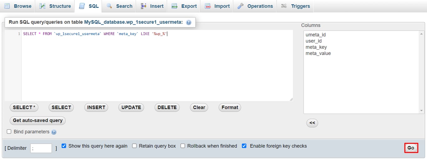 Zrzut ekranu edytora zapytań SQL z używanym kodem SELECT * FROM