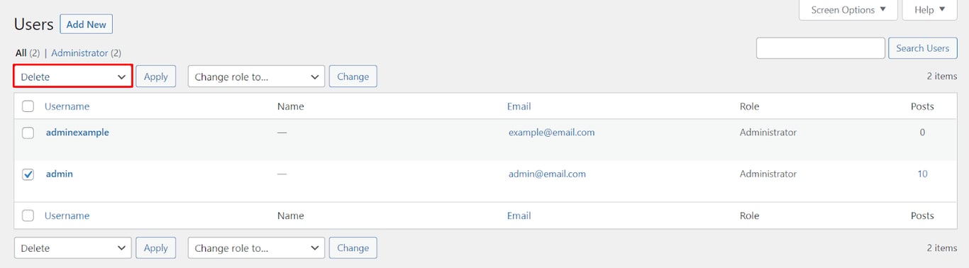 Zrzut ekranu zakładki użytkowników WordPress
