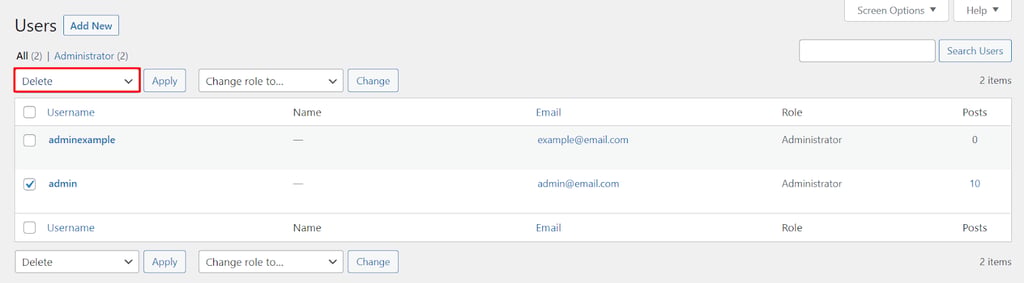 Zrzut ekranu zakładki użytkowników WordPress