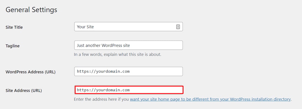 Ustawienia ogólne WordPress, podświetlanie pól adresu URL