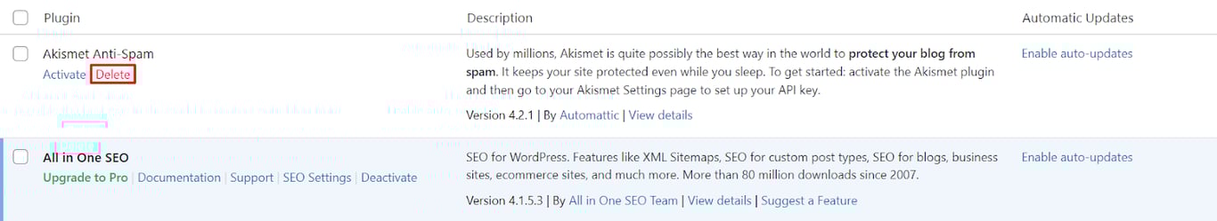 Zrzut ekranu przedstawiający przycisk Usuń wtyczkę