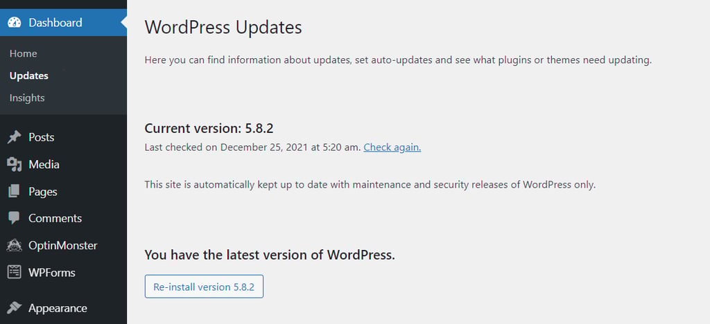 Status wersji WordPress w sekcji Aktualizacje