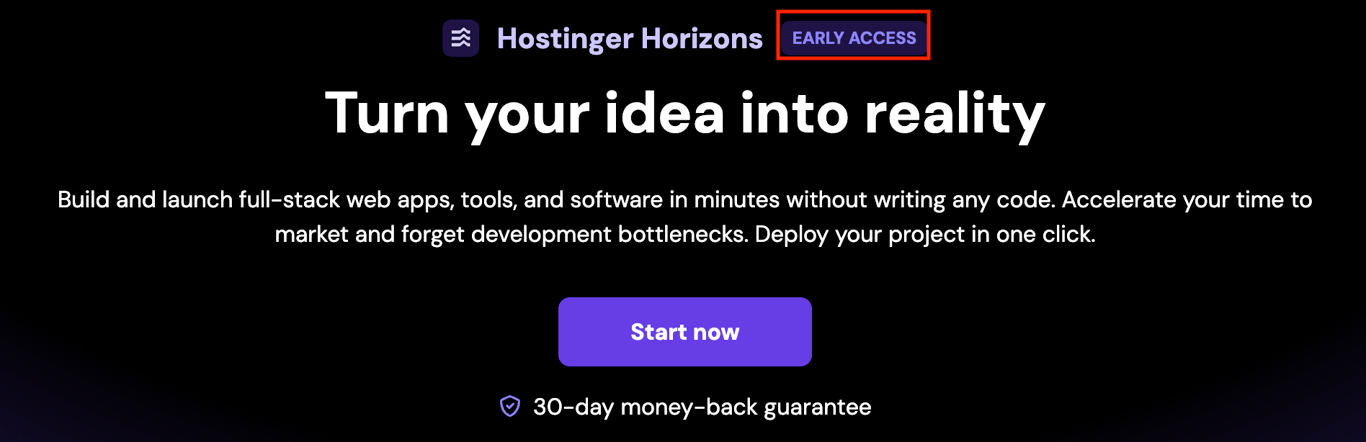 Ekran startowy wczesnego dostępu do Hostinger Horizons