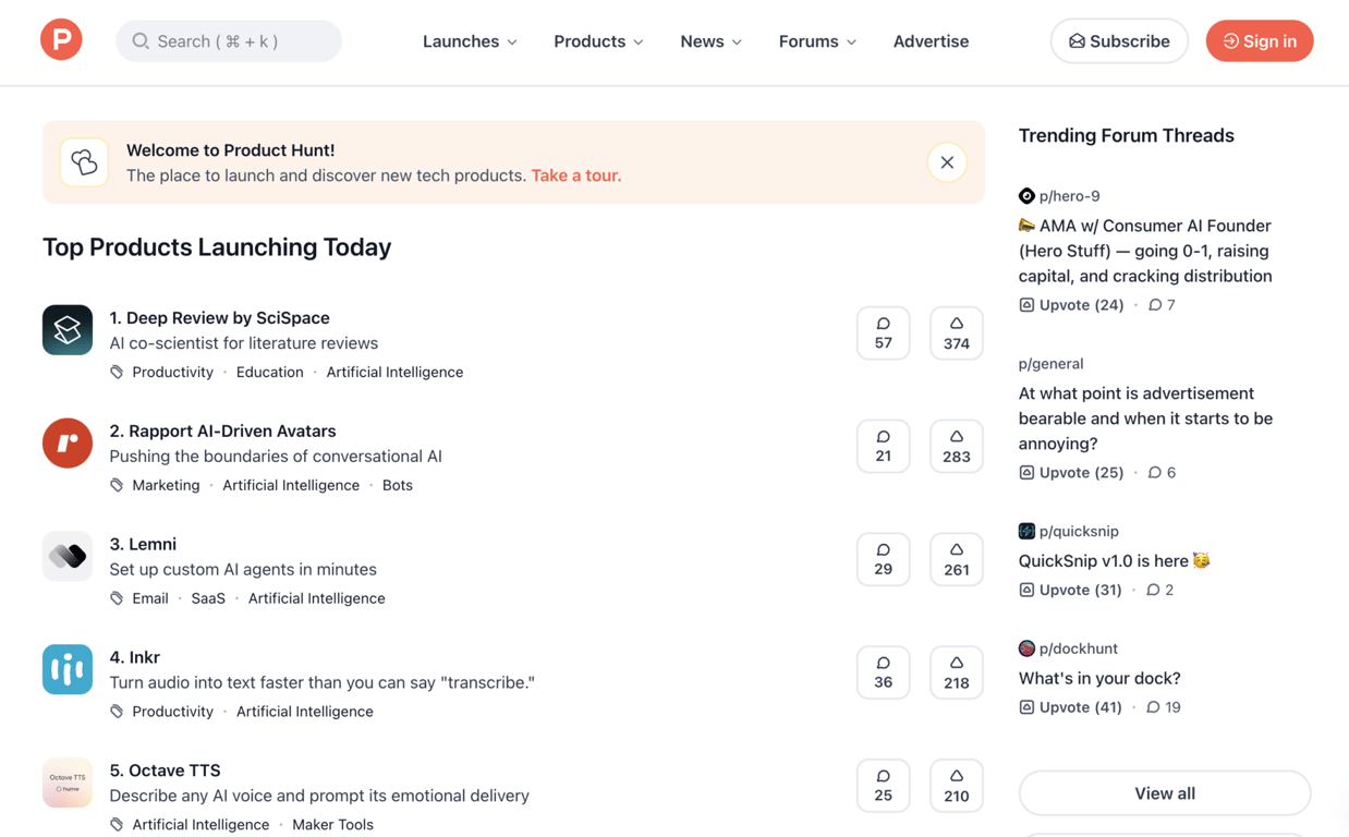 Strona główna serwisu Product Hunt poświęcona nowym produktom technologicznym