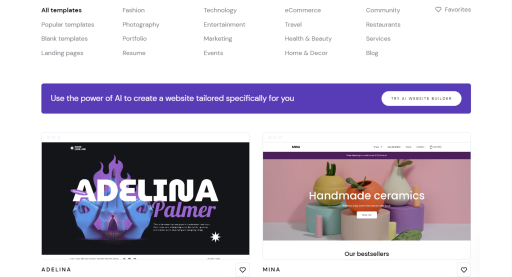 Biblioteka szablonów kreatora stron internetowych Hostinger