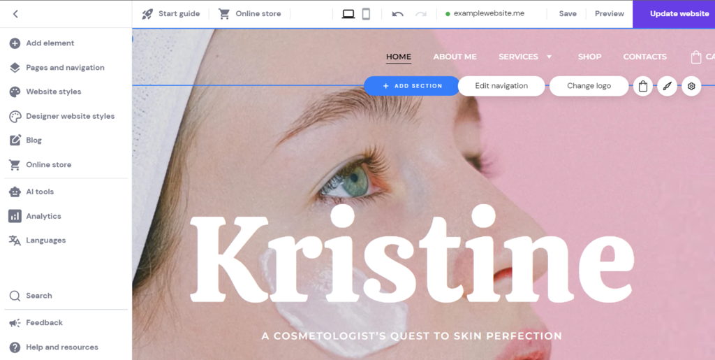 Interfejs użytkownika kreatora stron internetowych Hostinger