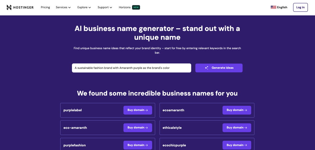 Hostinger AI Business Name Generator, pokazujący pomysły na nazwę firmy na podstawie wprowadzonego opisu