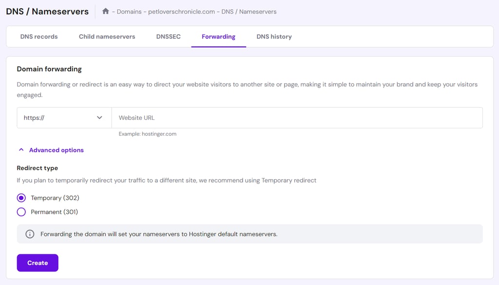 Strona konfiguracji przekierowania domeny w hPanel