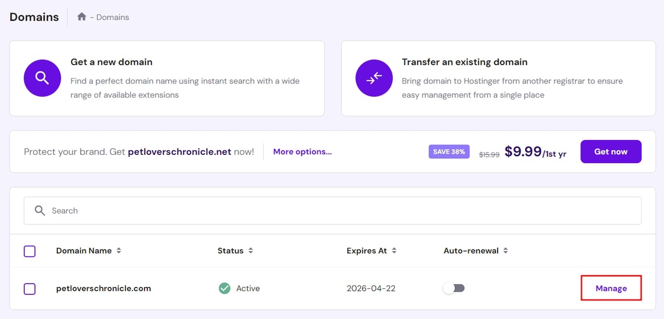 Sekcja domen w hPanelu, podkreślająca opcję zarządzania konkretną domeną