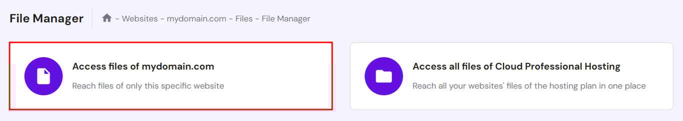 Funkcja menedżera plików w hPanel, podkreślająca opcję dostępu do plików określonej witryny internetowej