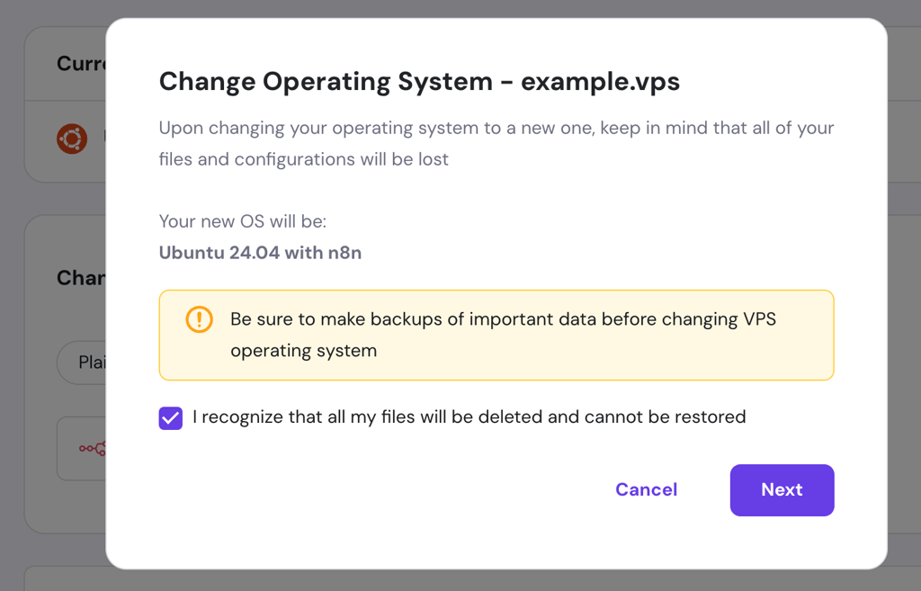 Okno dialogowe potwierdzenia zmiany systemu operacyjnego w VPS hPanel