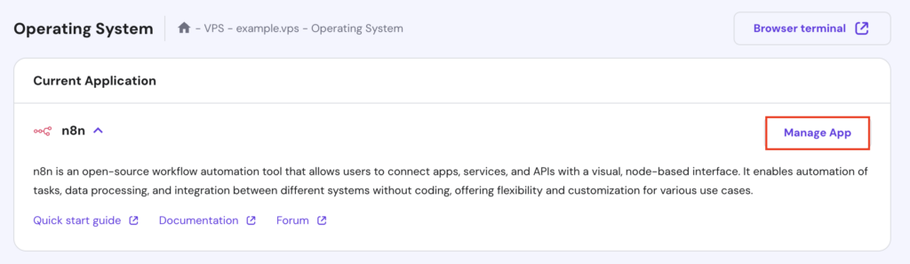 Przycisk Zarządzaj aplikacją na stronie System operacyjny VPS w hPanel
