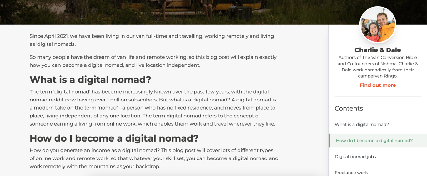 Wpis na blogu ClimbingVan, zawierający boczną zakładkę z profilem i spisem treści