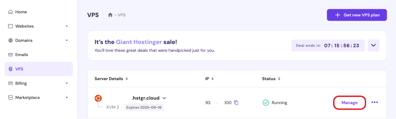 Karta VPS otwarta w panelu hpanel z podświetlonym przyciskiem Zarządzaj