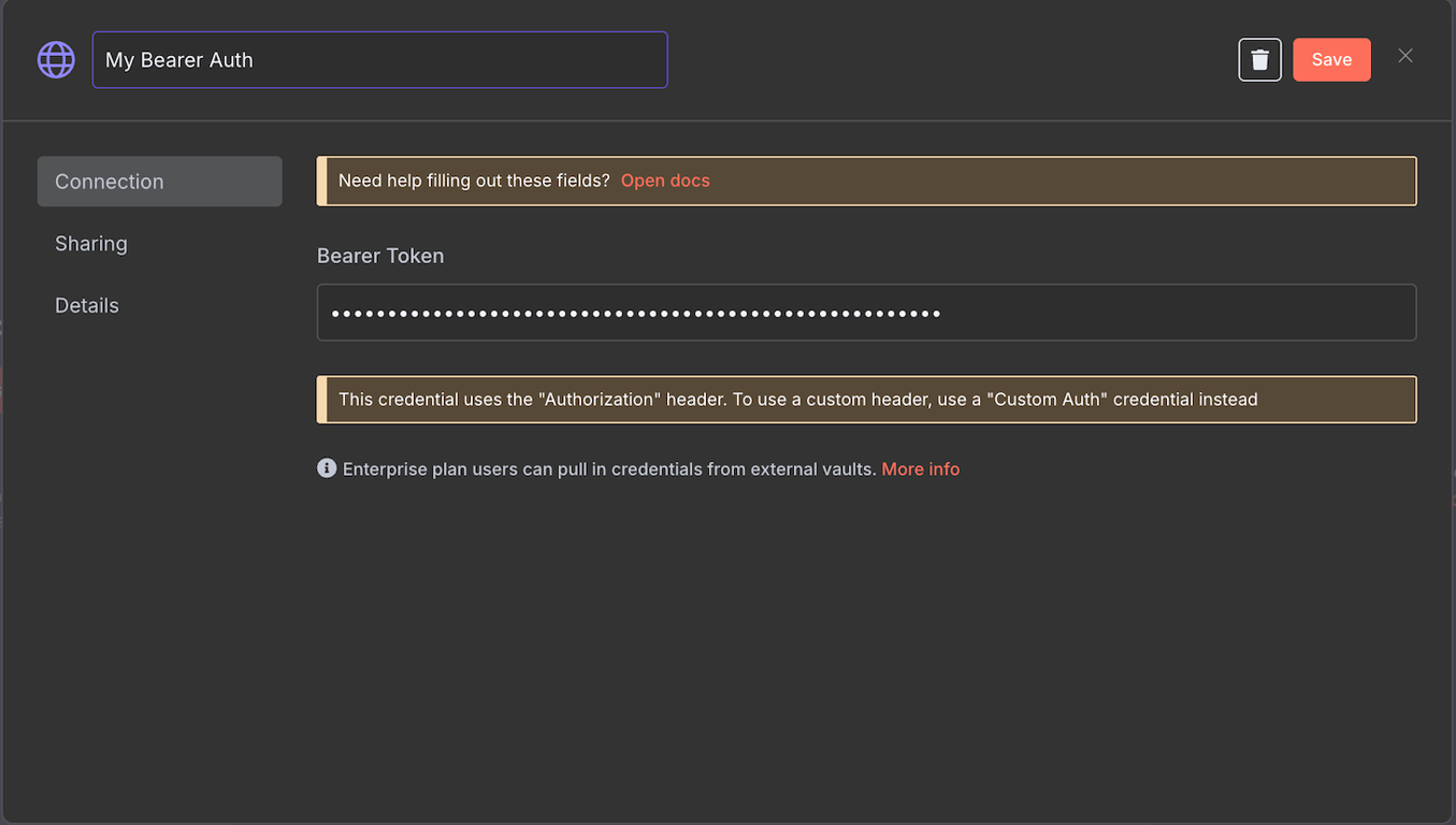 Okno konfiguracji uwierzytelniania tokenem nośnika n8n