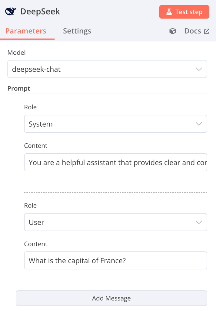 Sekcja Prompt w oknie dialogowym konfiguracji DeepSeek programu n8n
