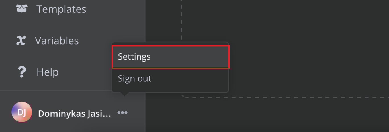 Selektor dialogów wyświetlany obok nazwy użytkownika z podświetlonymi ustawieniami