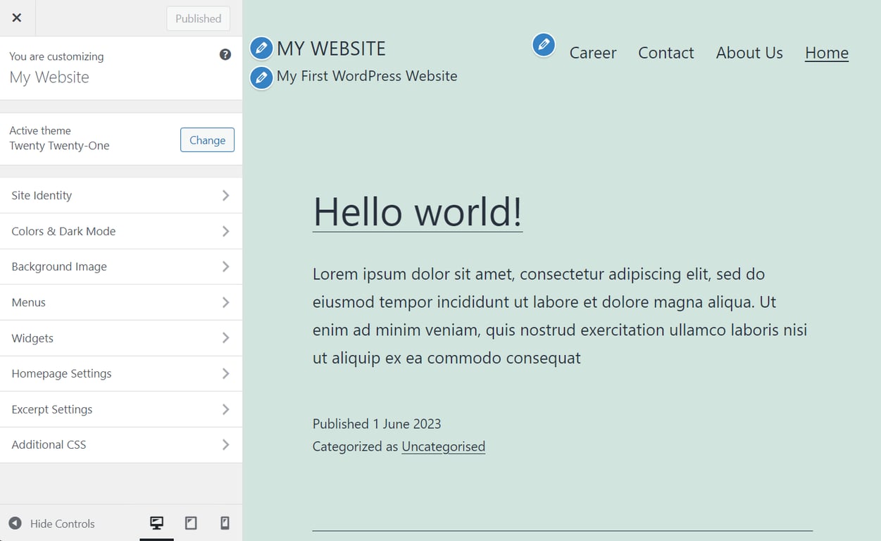Strona edytora motywu WordPress Twenty Twenty-One