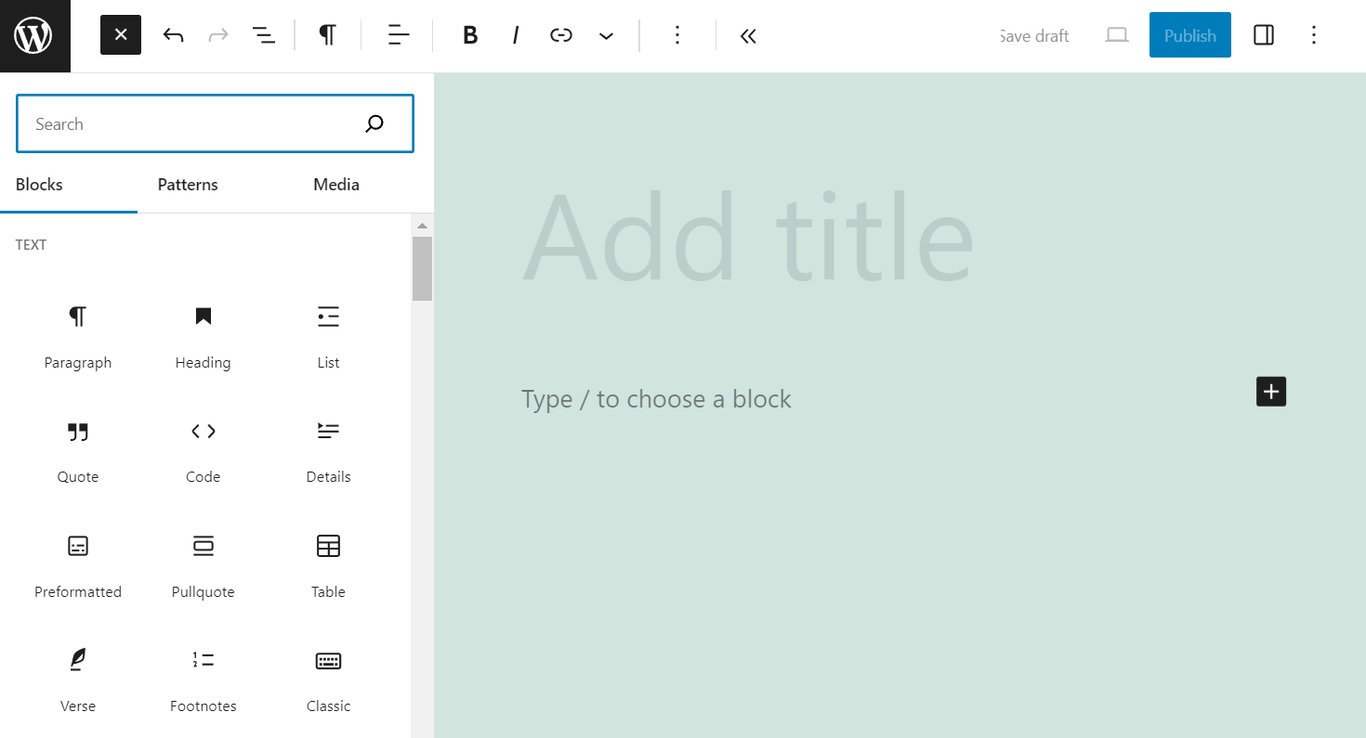 Strona edytora Gutenberg motywu WordPress Twenty Twenty-One służąca do dodawania nowych stron