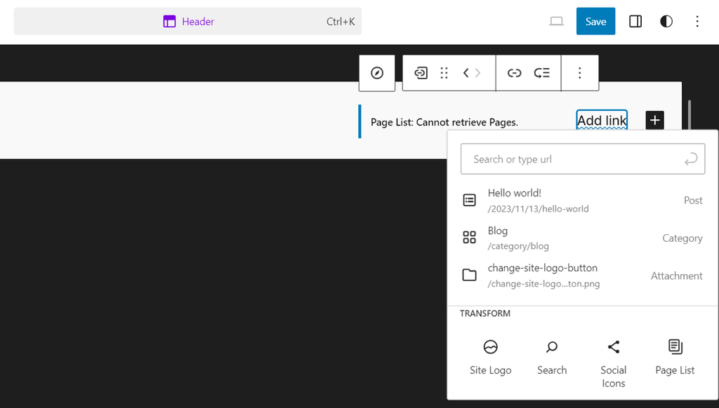 Wybrano niestandardowy link w bloku nawigacyjnym