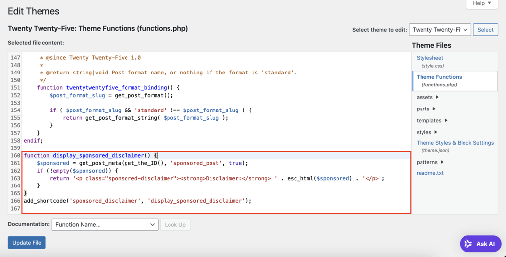 Dodane linie kodu w pliku functions.php w celu dodania niestandardowego pola WordPress
