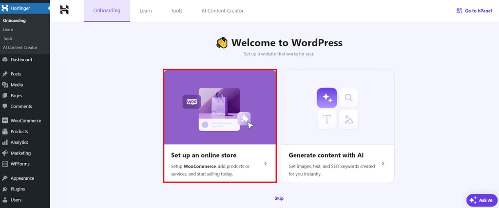 Strona początkowej konfiguracji Hostinger Easy Onboarding dla WooCommerce