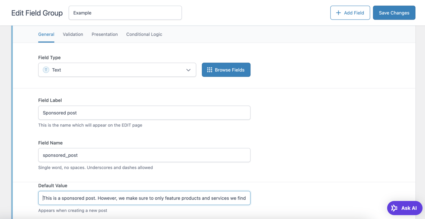 Interfejs edytora grup pól niestandardowych we wtyczce SCF