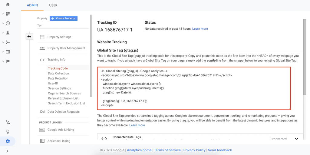 Strona z kodem śledzenia Google Analytics, który zostanie użyty do ręcznego dodania Google Analytics do Twojej witryny WordPress