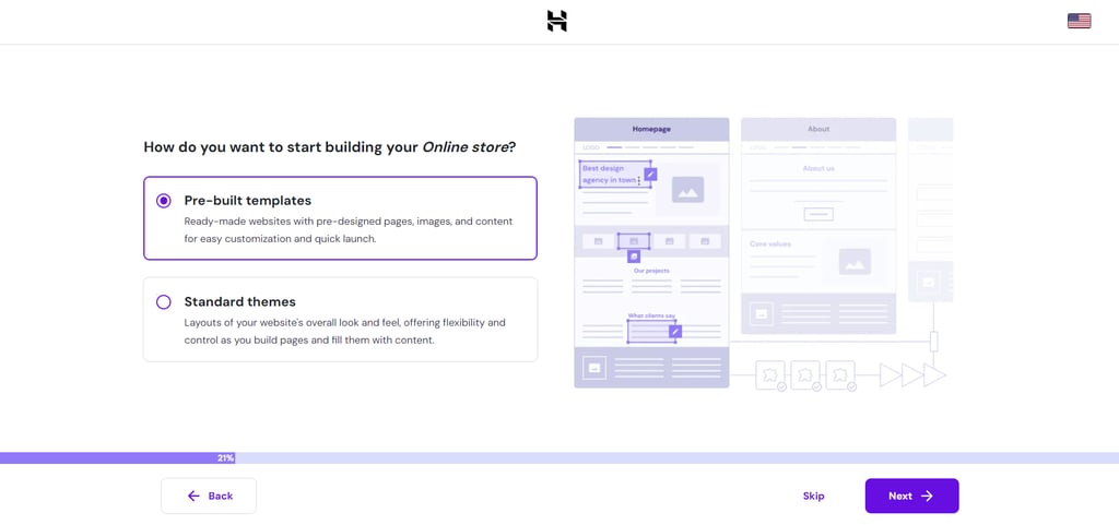 Wybór wyglądu strony internetowej w kreatorze konfiguracji WooCommerce firmy Hostinger