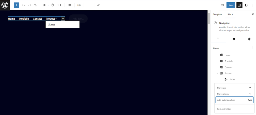 Edytor bloków pokazujący, jak dodać link do podmenu