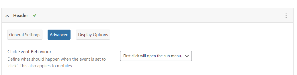 Zaawansowane ustawienia lokalizacji menu Max Mega Menu umożliwiające modyfikację zachowania zdarzenia kliknięcia