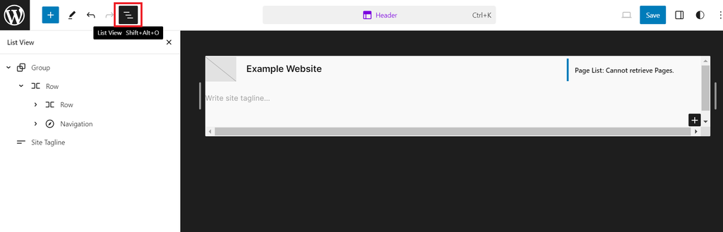 Przycisk widoku listy w edytorze strony WordPress