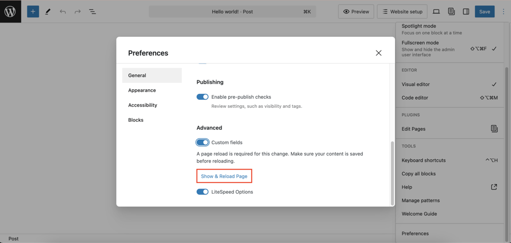 Przycisk Pokaż i odśwież stronę w menu Preferencje WordPress