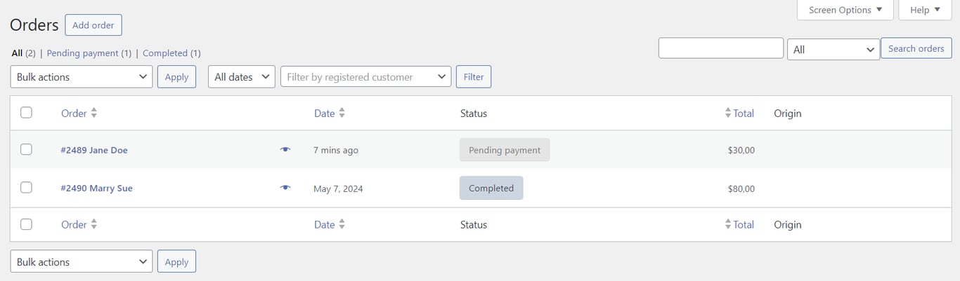 Sekcja zamówień WooCommerce