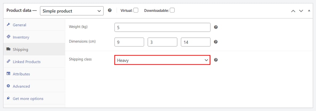 Strona szczegółów produktu WooCommerce, z zaznaczonym menu rozwijanym służącym do przypisania klasy wysyłki