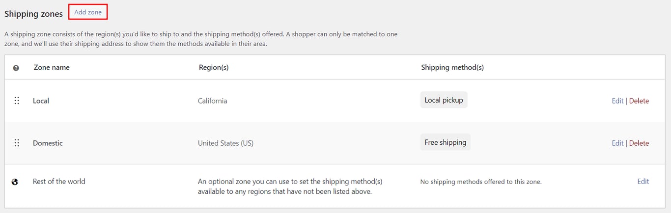 Strefy wysyłki WooCommerce, z podświetlonym przyciskiem dodawania nowej strefy