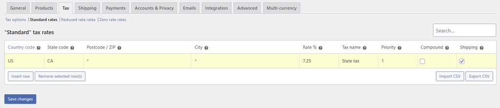 Tabela klas podatkowych w zakładce Podatki w WooCommerce