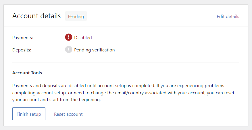 Szczegóły konta WooPayments o statusie oczekującym